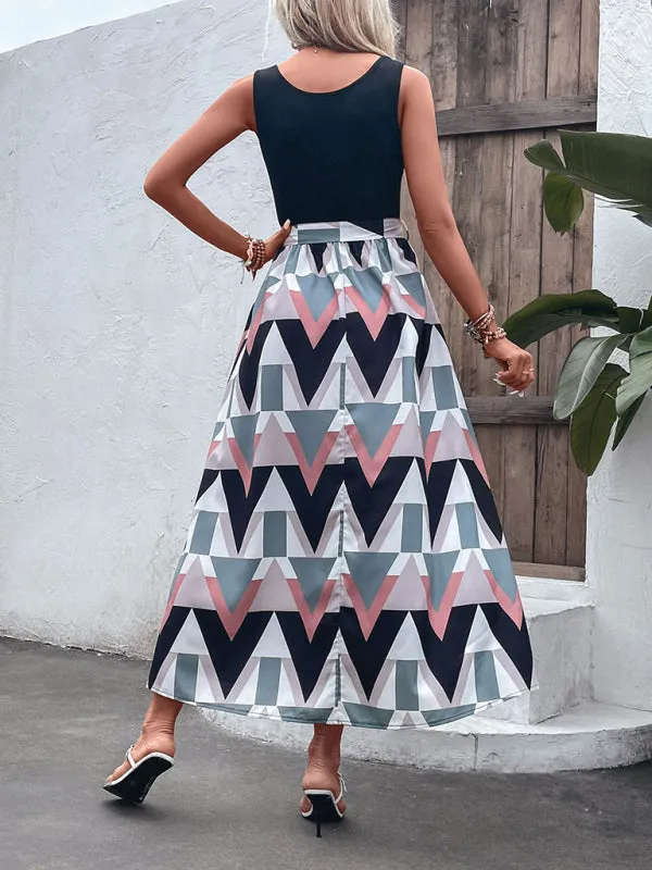 Geometric Print Panel Sleeveless Dress