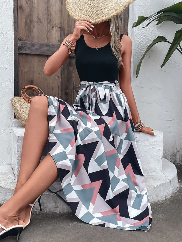 Geometric Print Panel Sleeveless Dress