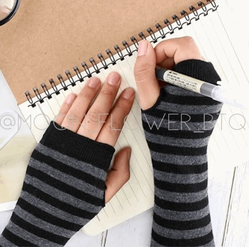 Gray Black Striped Long Fingerless Gloves Arm Warmers