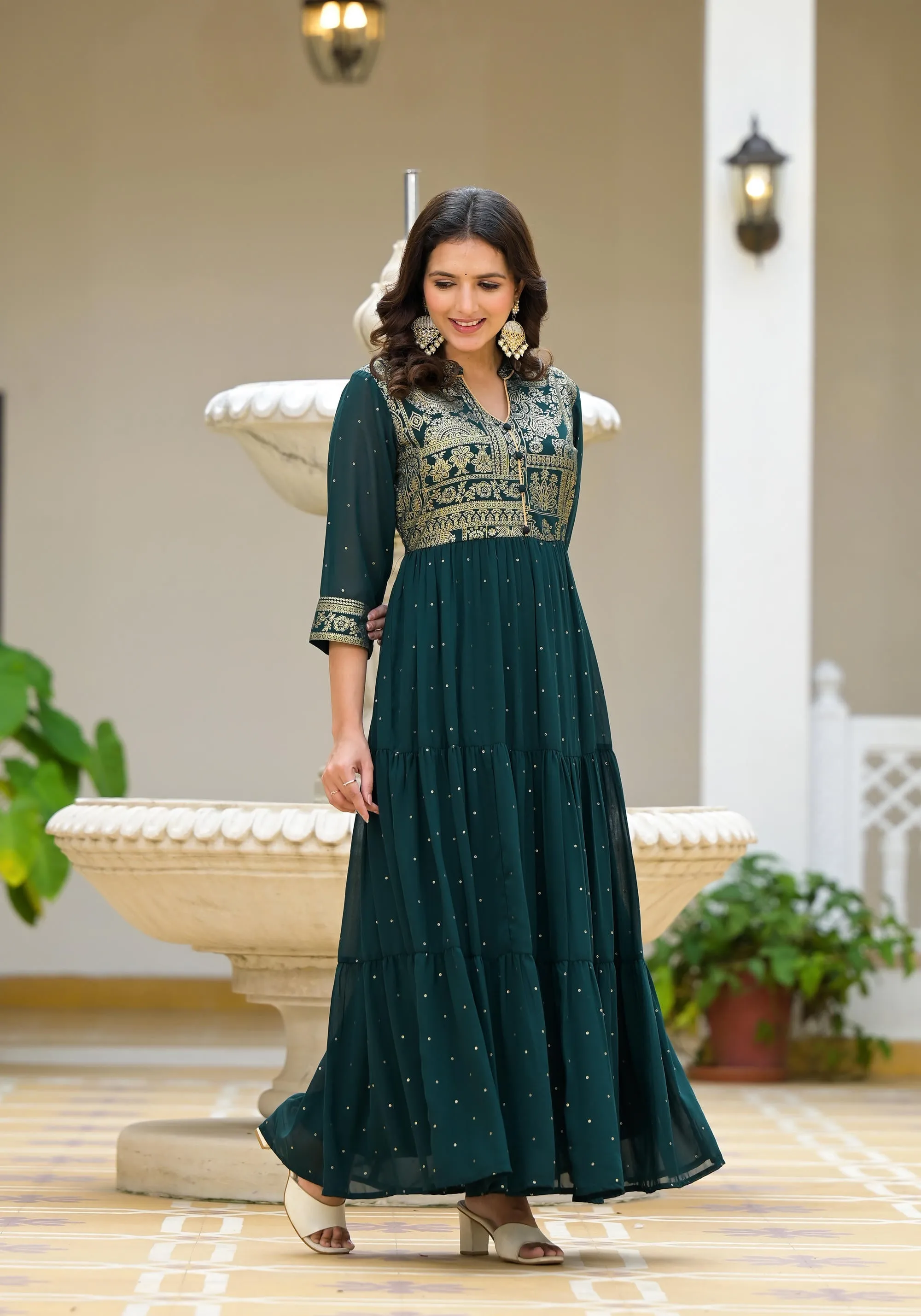 Green Floral Printed Georgette Dress With Sequins