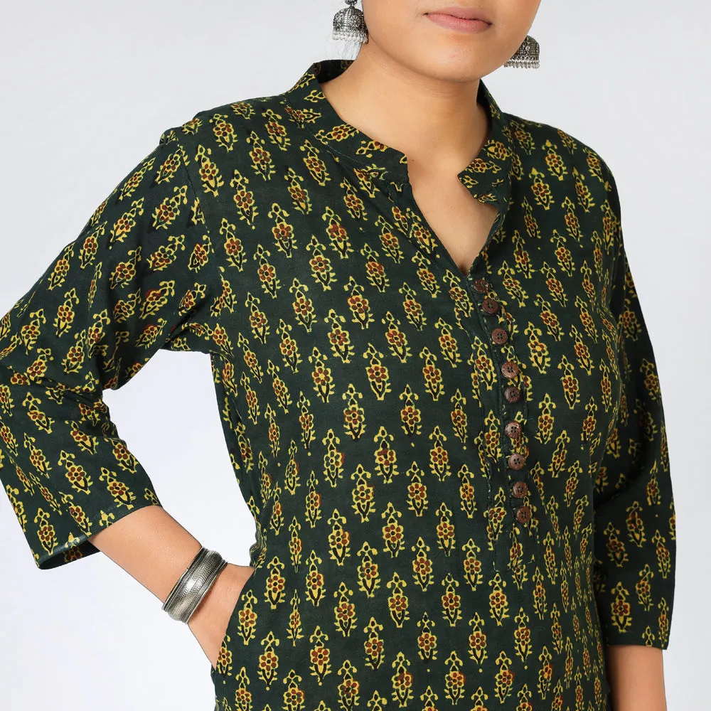 Green - iTokri Casuals - Natural Ajrakh Block Print Cotton Long Straight Kurta