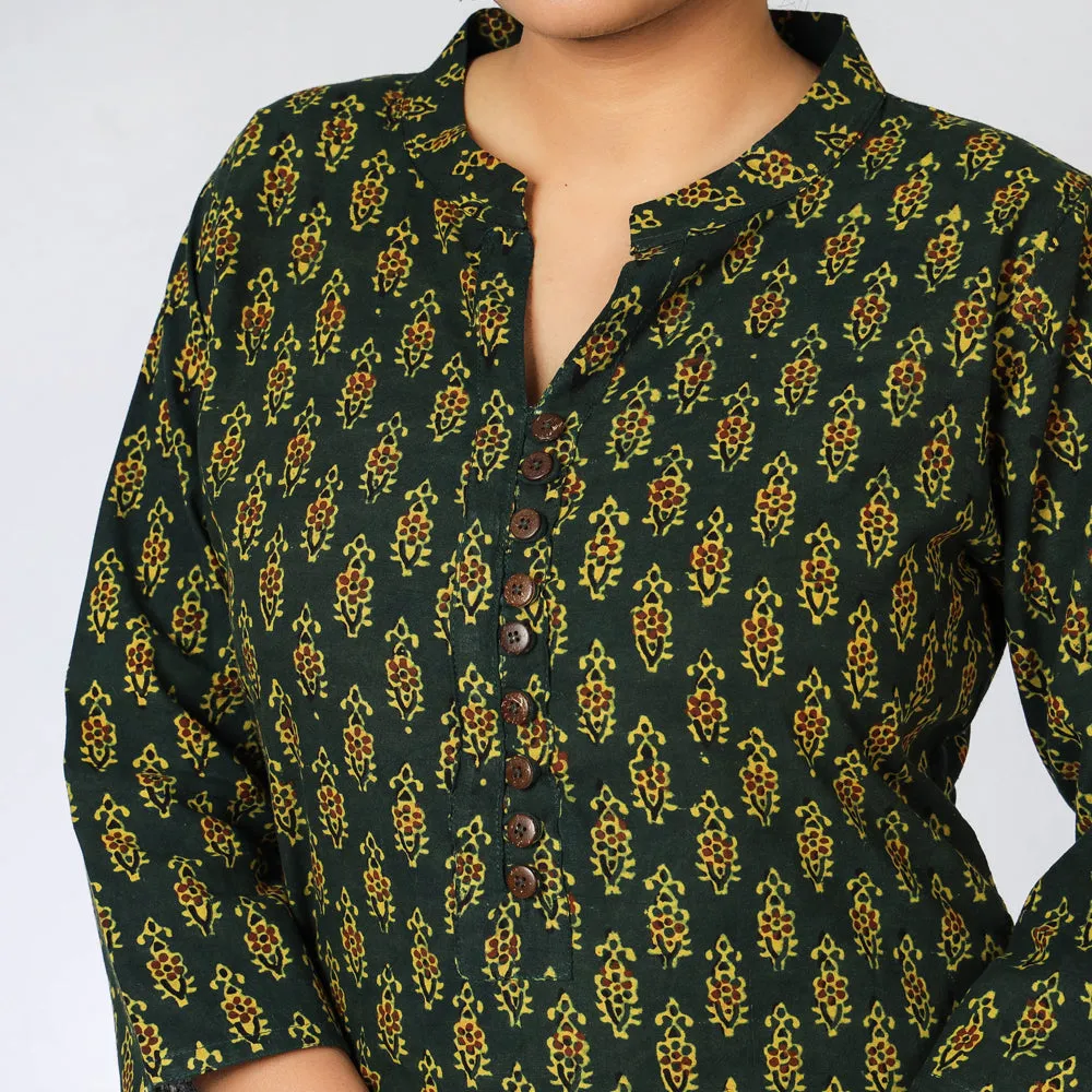 Green - iTokri Casuals - Natural Ajrakh Block Print Cotton Long Straight Kurta