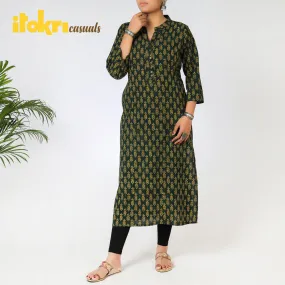 Green - iTokri Casuals - Natural Ajrakh Block Print Cotton Long Straight Kurta