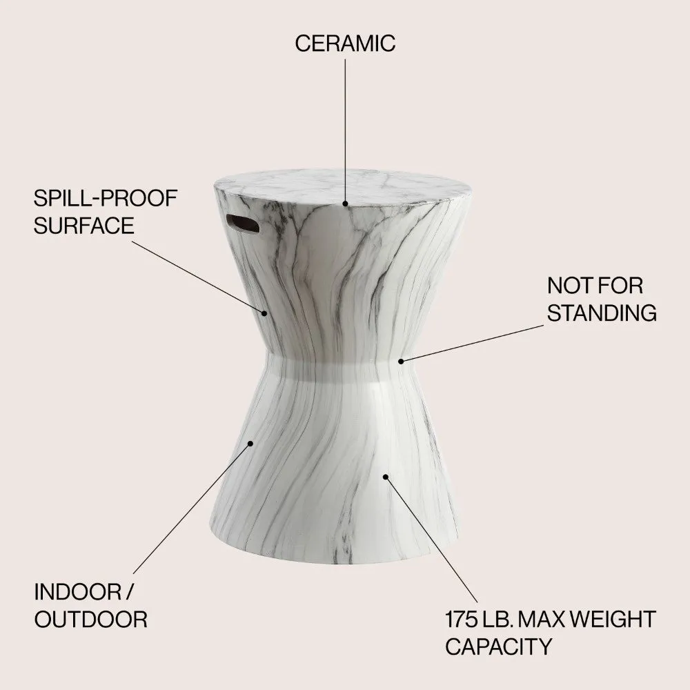 Groovy Drum 17.3" White Marble Finish Ceramic Garden Stool