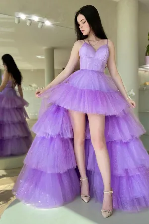 High Low V Neck Layered Purple Tulle Long Prom Dresses, High Low Lilac Formal Dresses, Purple Evening Dresses A1669