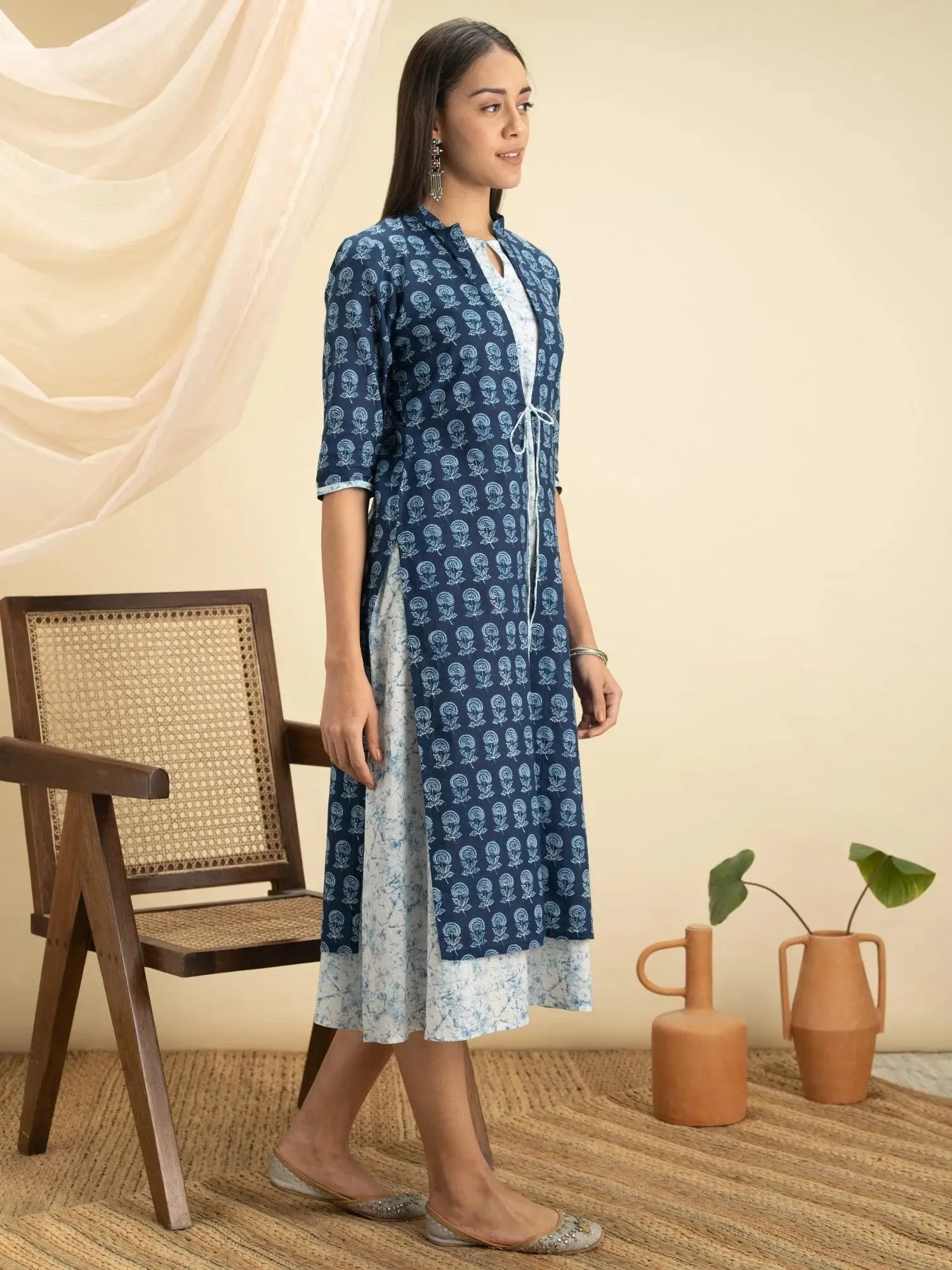 Indigo Printed Cotton Dress With Jacket