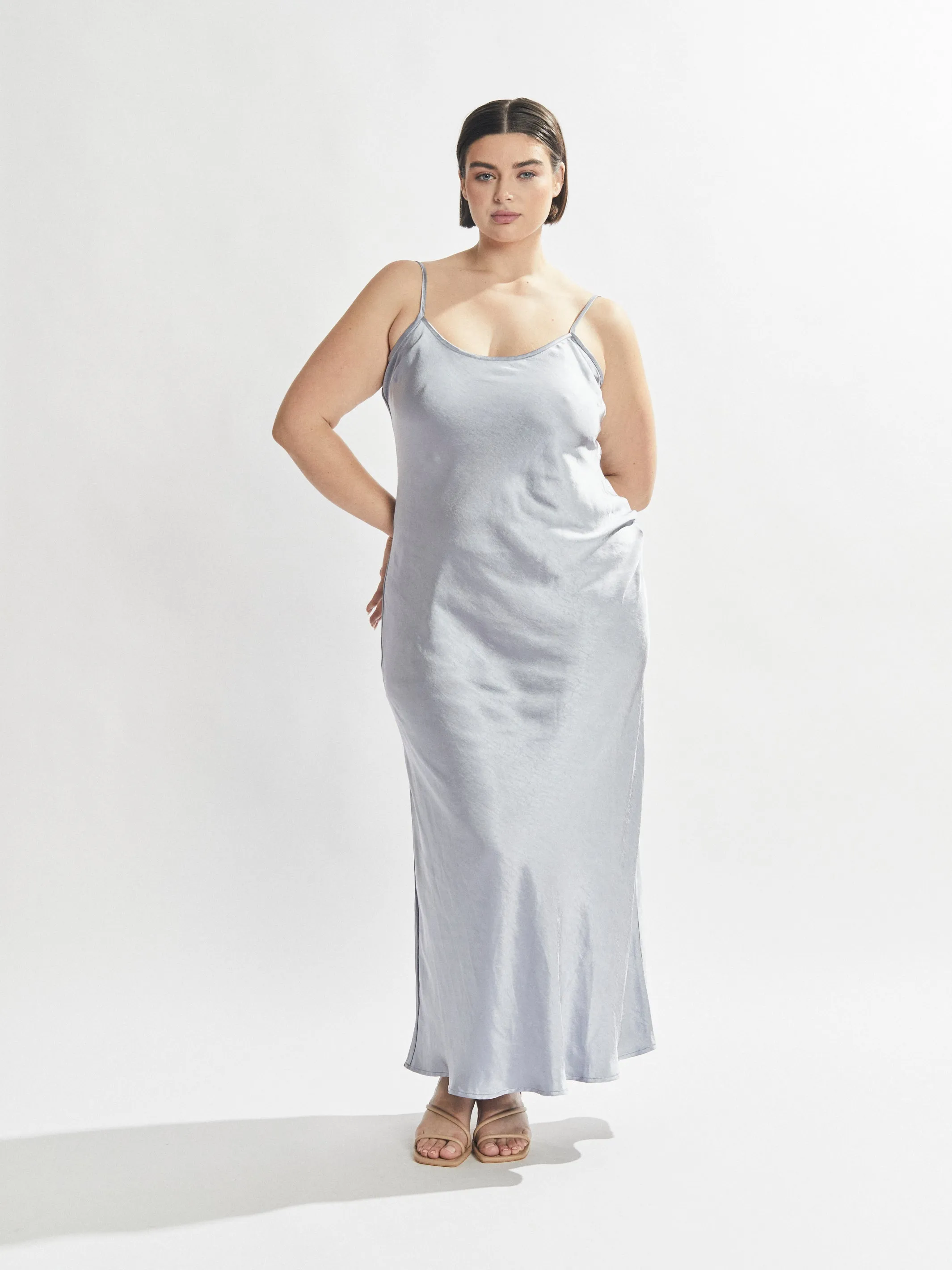 Isla Satin Slip Dress Slate Blue