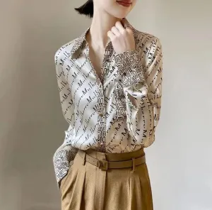 Lace-up Bow Letter Print Women Shirt Lantern Long Sleeve Chiffon Blouse V-Neck French Button Versatile Base Layer Loose Casual silk