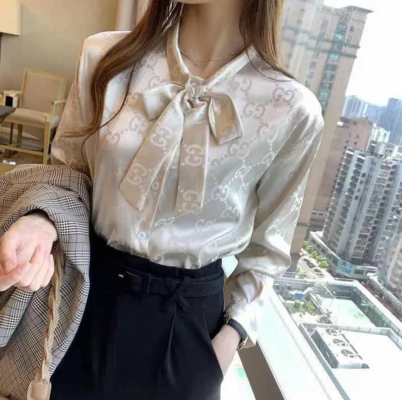 Lace-up Bow Letter Print Women Shirt Lantern Long Sleeve Chiffon Blouse V-Neck French Button Versatile Base Layer Loose Casual silk