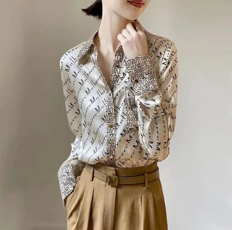 Lace-up Bow Letter Print Women Shirt Lantern Long Sleeve Chiffon Blouse V-Neck French Button Versatile Base Layer Loose Casual silk