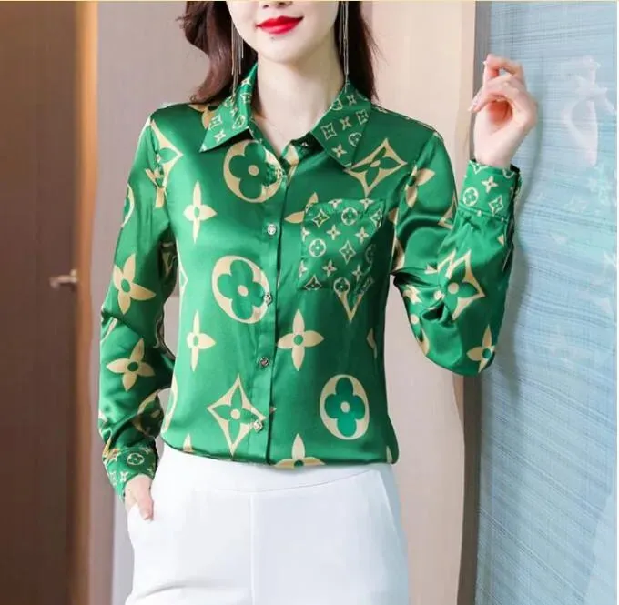 Lace-up Bow Letter Print Women Shirt Lantern Long Sleeve Chiffon Blouse V-Neck French Button Versatile Base Layer Loose Casual silk