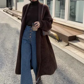 Lanfubeisi business casual outfits Korean Style Autumn and Winter New Style Faux Mink Velvet Sweater Women's Cardigan Outer Wear over the Knee Long Loose Overcoat Women's Coat