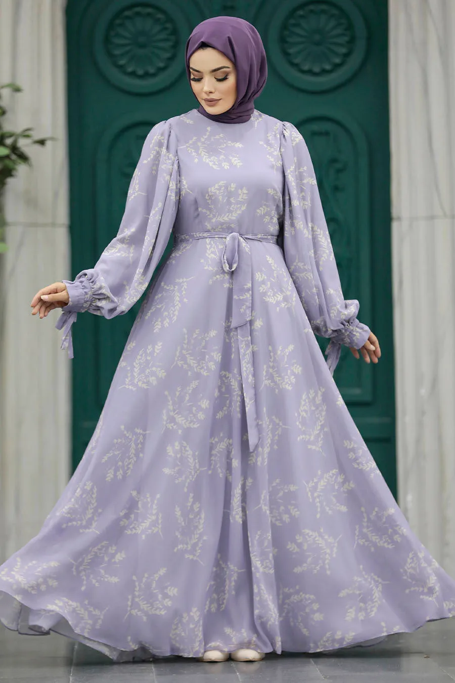 Lavender Floral Chiffon Long Sleeve Maxi Dress