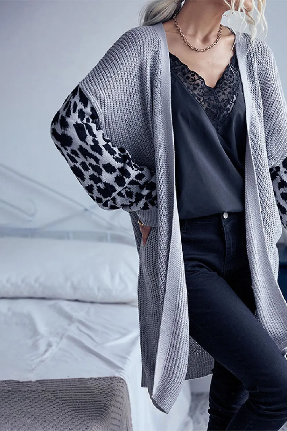 Leopard Sleeves Waffle Knit Open Front Cardigan