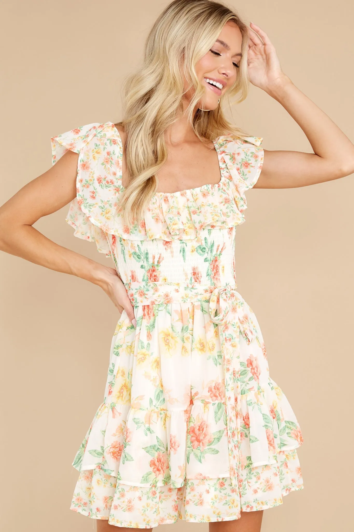 Lighthearted Laughter Ivory Multi Floral Print Dress