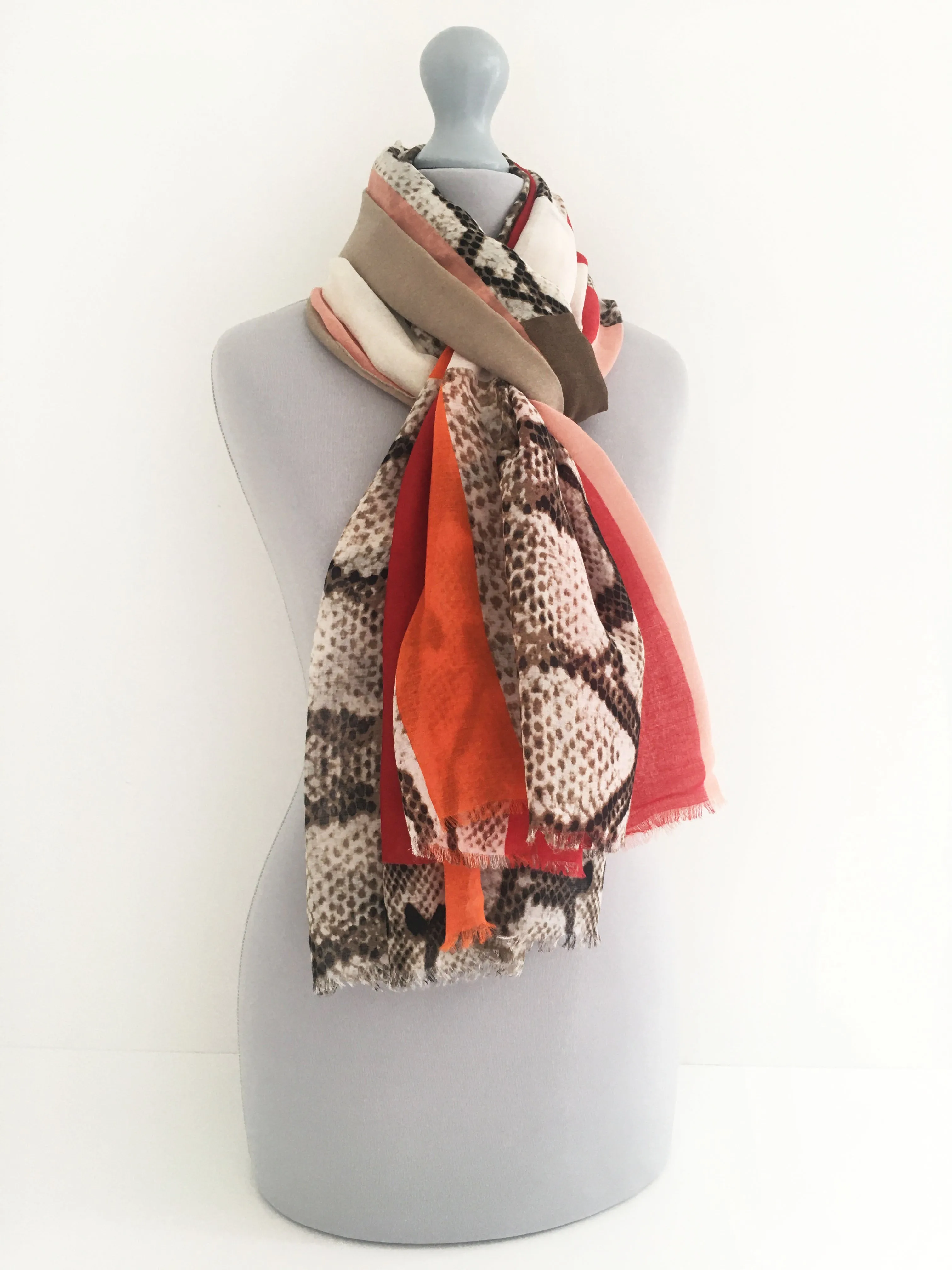 LONG RED BLOCKS SNAKESKIN PRINT LIGHTWEIGHT SHAWL SCARF