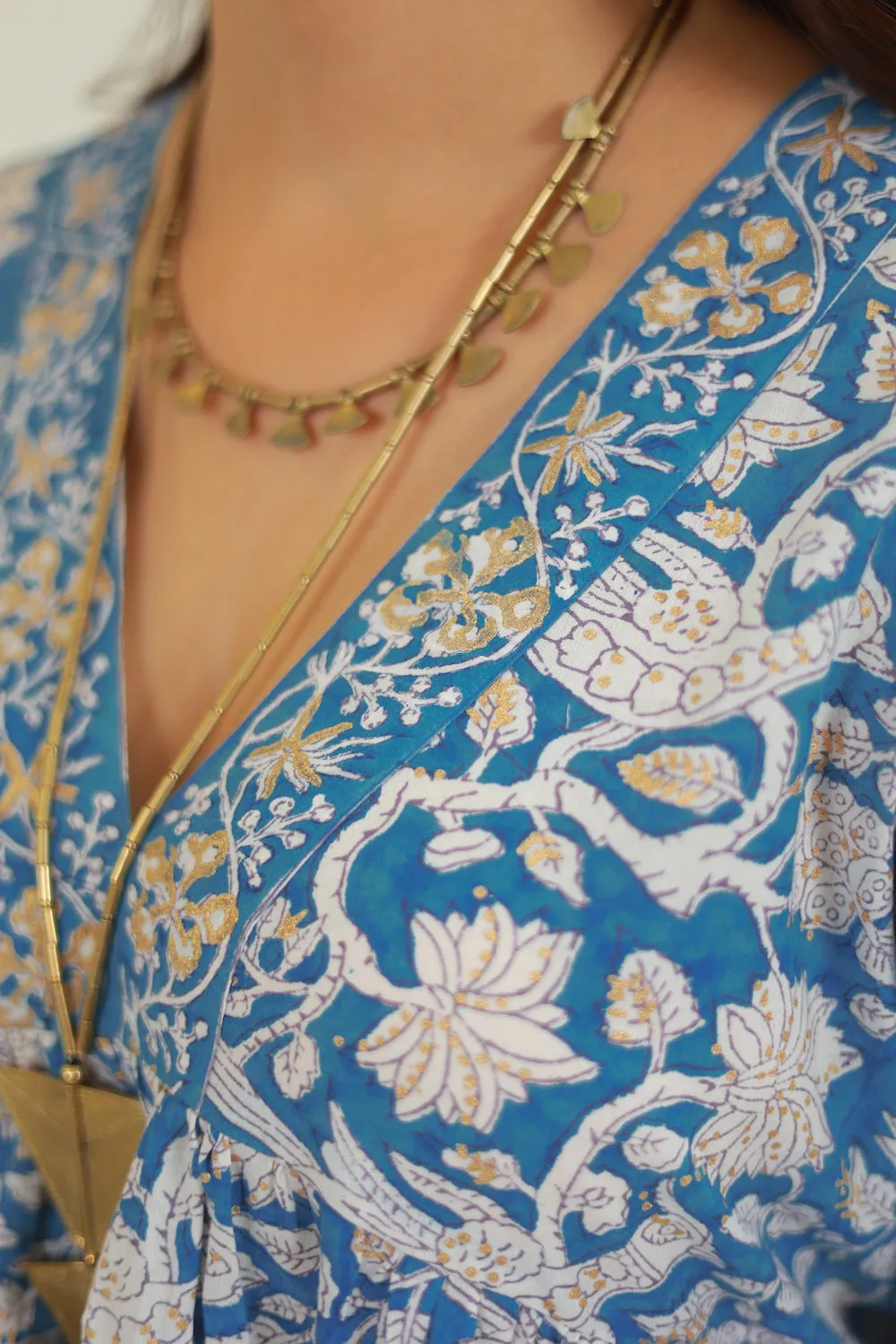 Long Sleeve Bhavani Dress: Blue and Gold