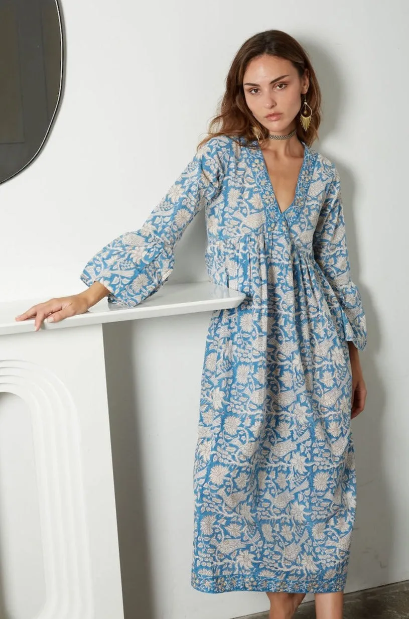 Long Sleeve Bhavani Dress: Blue and Gold