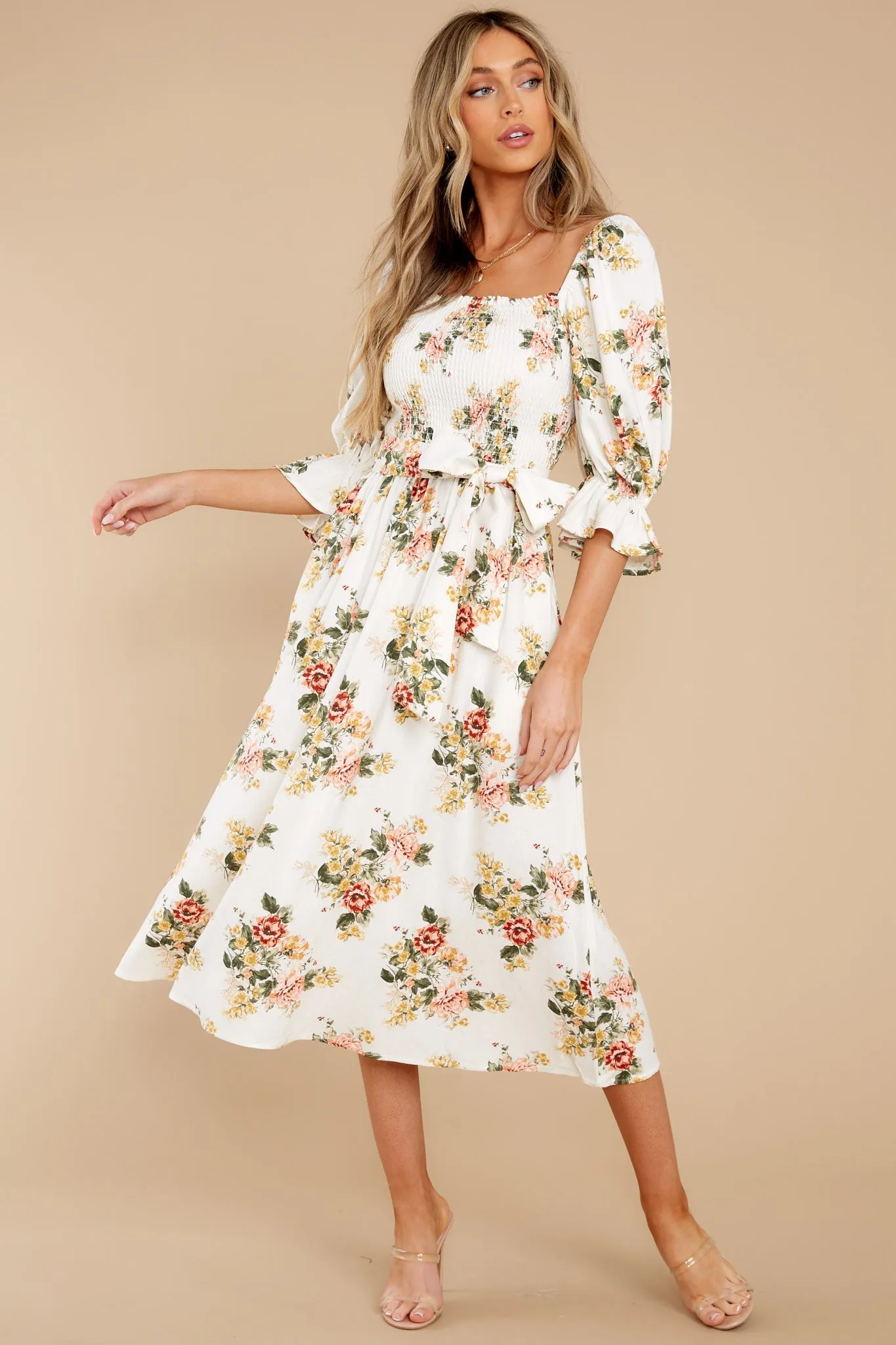 Make Believe Off White Floral Print Midi Dress