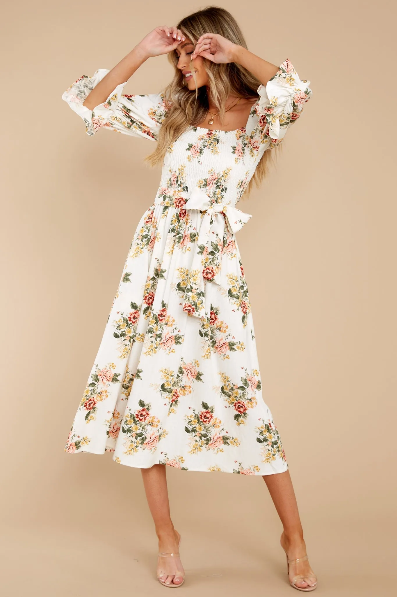 Make Believe Off White Floral Print Midi Dress