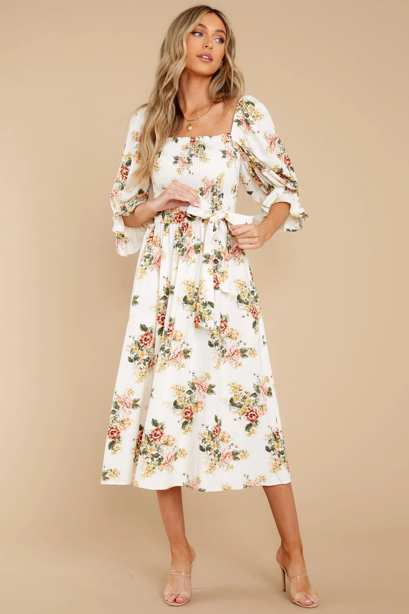 Make Believe Off White Floral Print Midi Dress