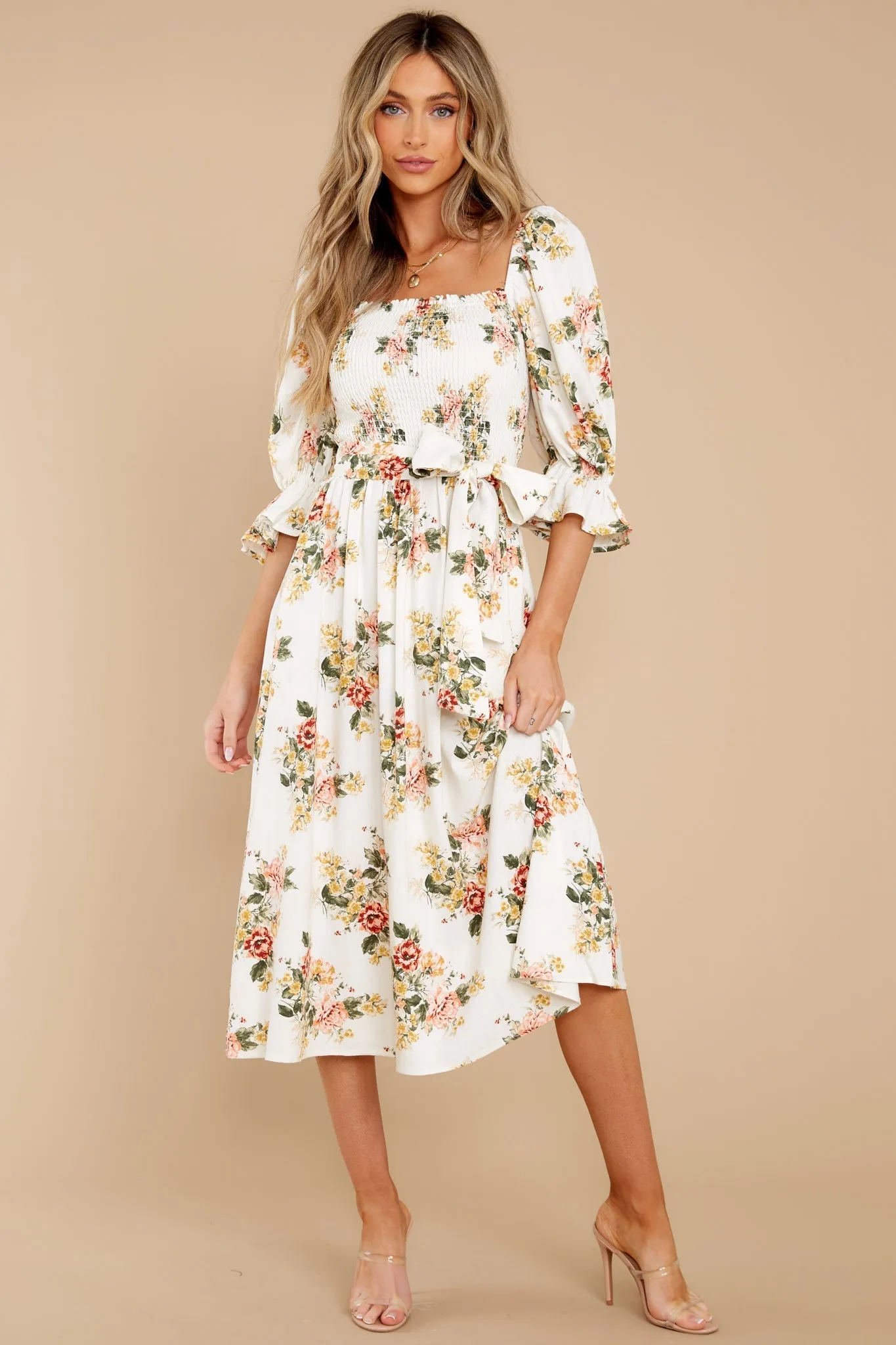 Make Believe Off White Floral Print Midi Dress