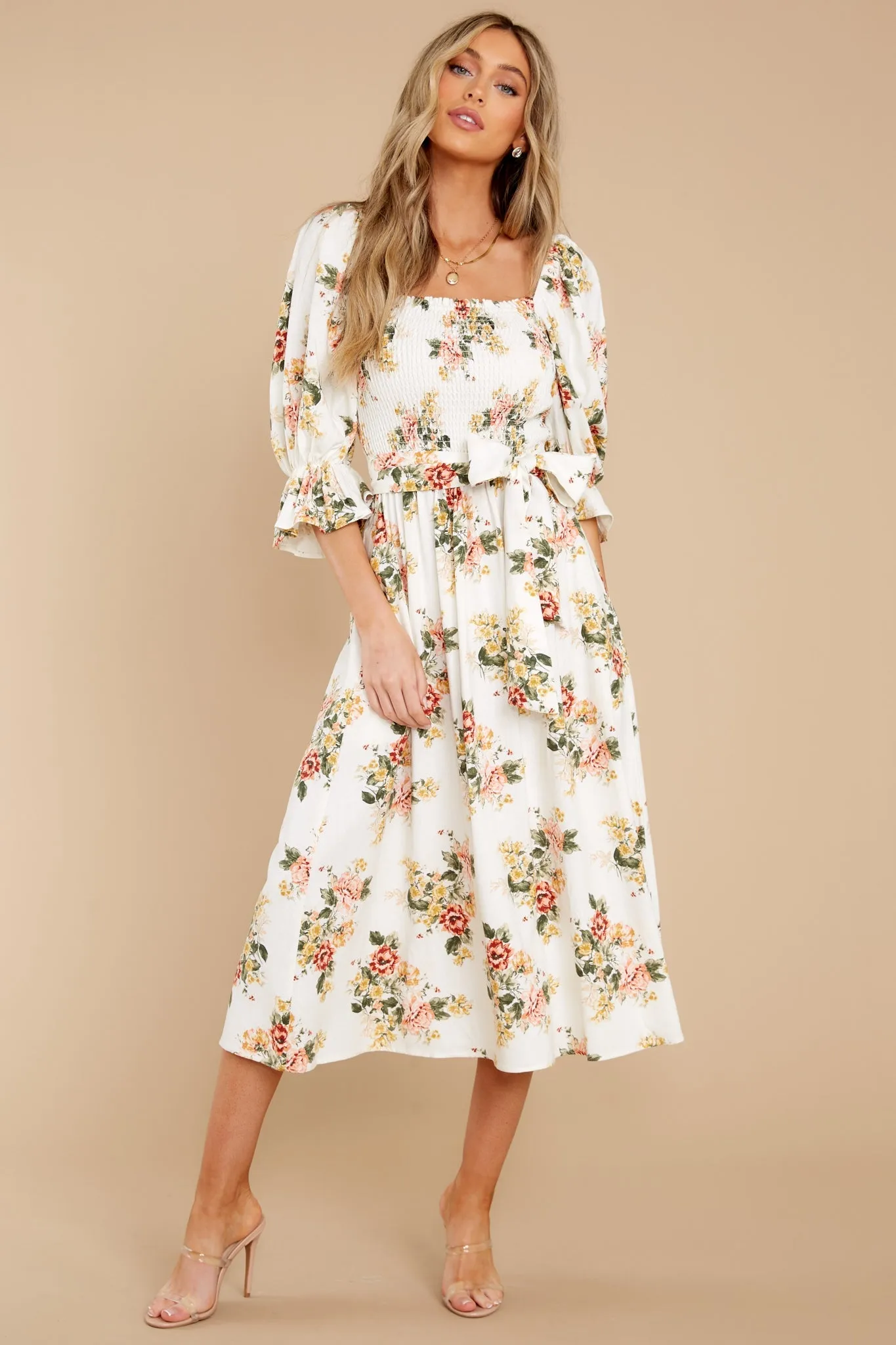 Make Believe Off White Floral Print Midi Dress