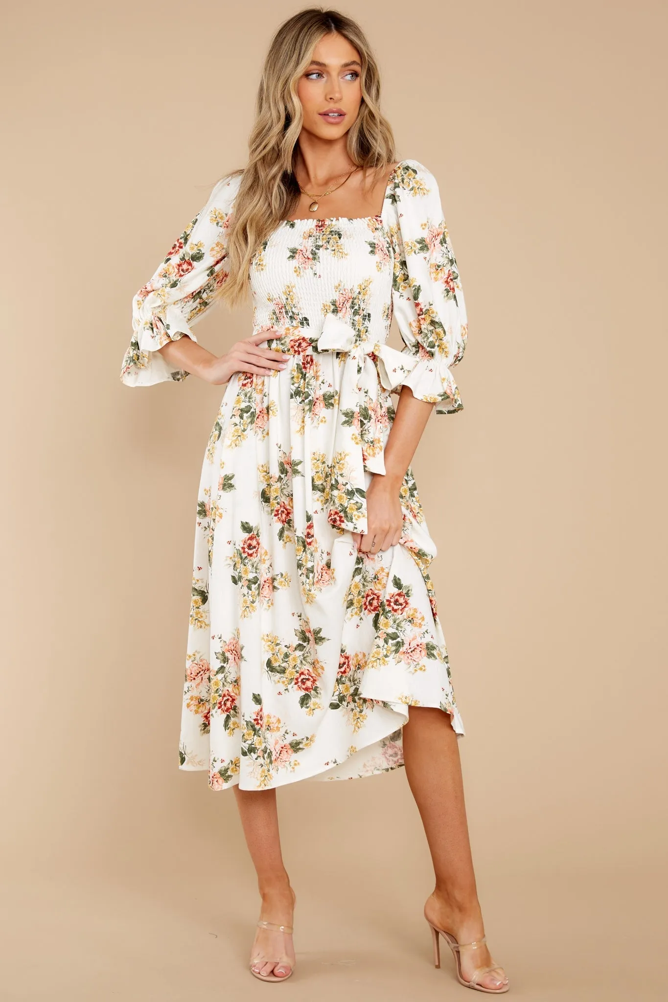 Make Believe Off White Floral Print Midi Dress