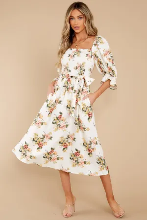 Make Believe Off White Floral Print Midi Dress