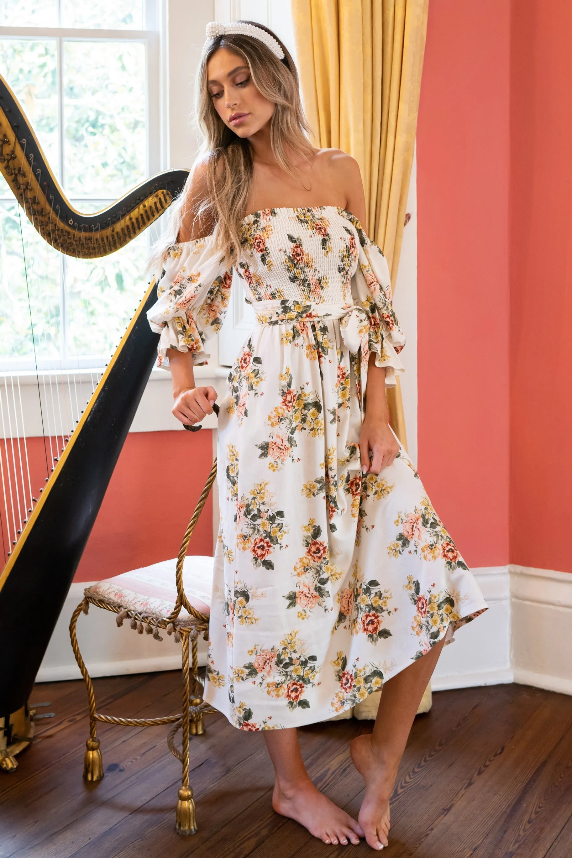 Make Believe Off White Floral Print Midi Dress