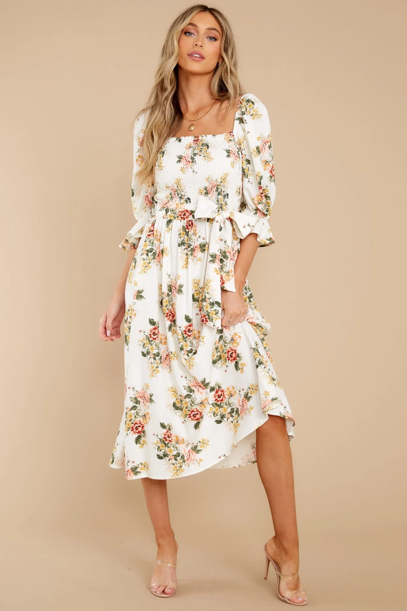 Make Believe Off White Floral Print Midi Dress