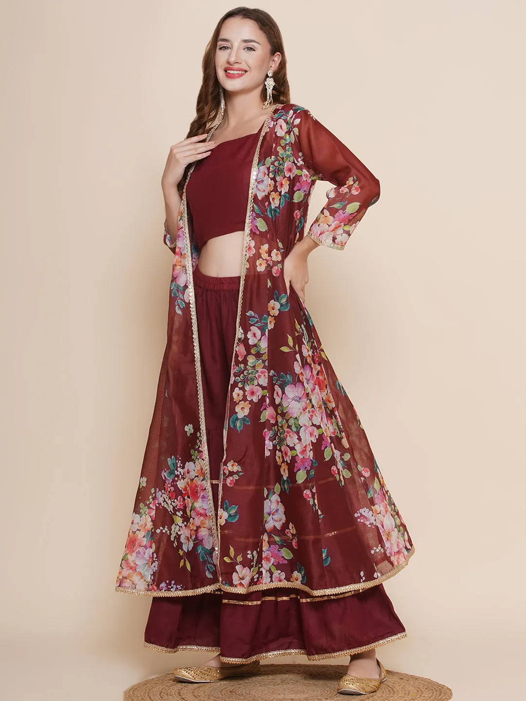 Maroon Floral printed Jacket, Camisole with Sharara