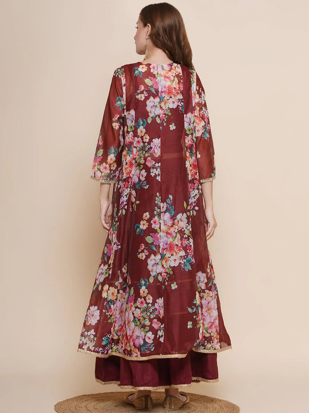 Maroon Floral printed Jacket, Camisole with Sharara