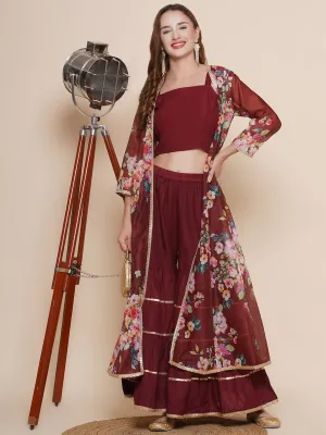 Maroon Floral printed Jacket, Camisole with Sharara