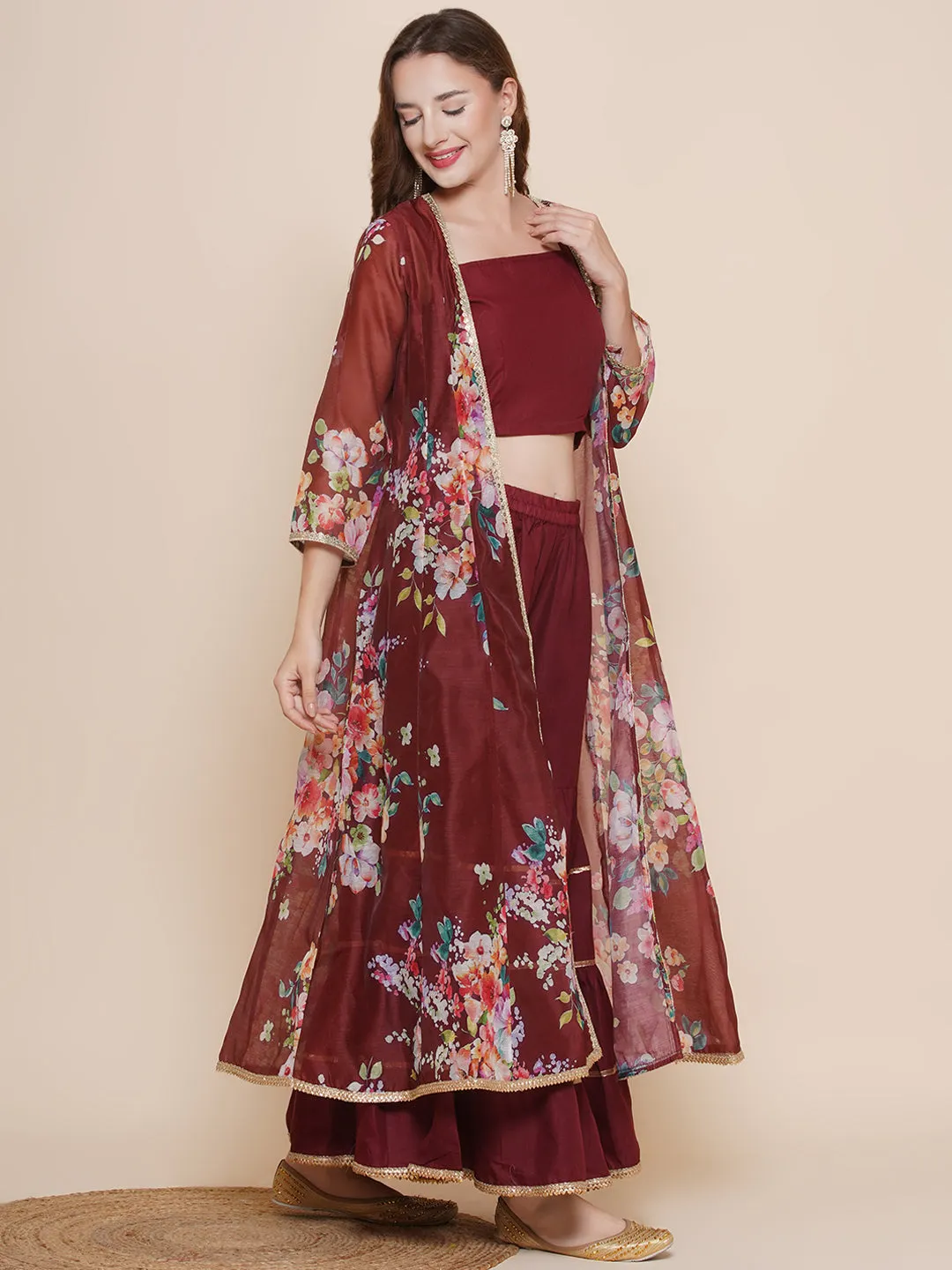 Maroon Floral printed Jacket, Camisole with Sharara