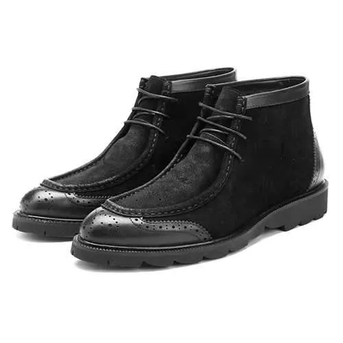 Men Casual Business Suede Genuine Leather Brogue Style Lace Up Boots