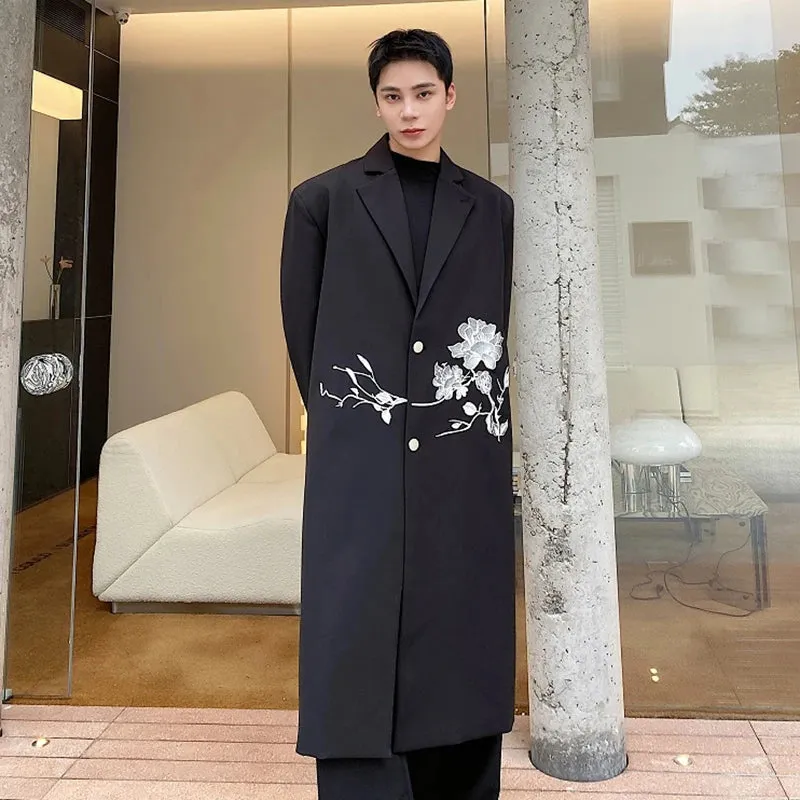 Men Overcoat Autumn Winter Chinese Embroidery Long Coat Trend Knee High Trench Casual Male Printing Windbreaker 9C1927