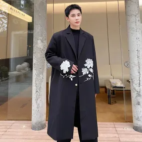 Men Overcoat Autumn Winter Chinese Embroidery Long Coat Trend Knee High Trench Casual Male Printing Windbreaker 9C1927