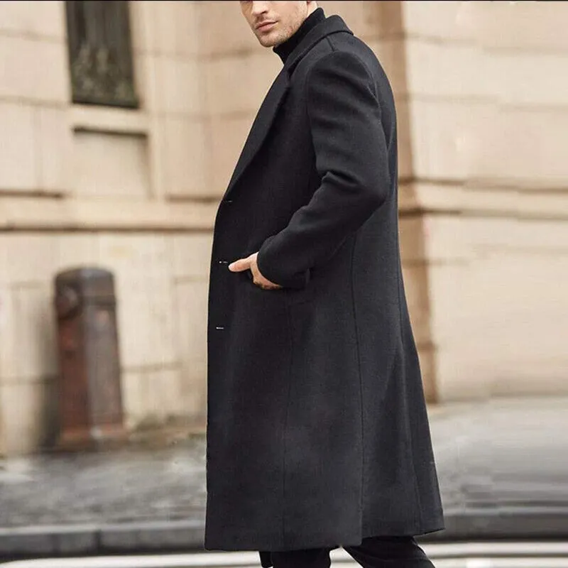 Men's Fashion Business Style Long Single-breasted Lapel Overcoat