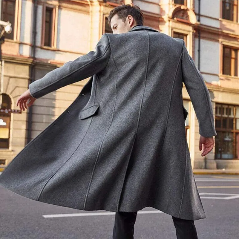 Men's Fashion Business Style Long Single-breasted Lapel Overcoat