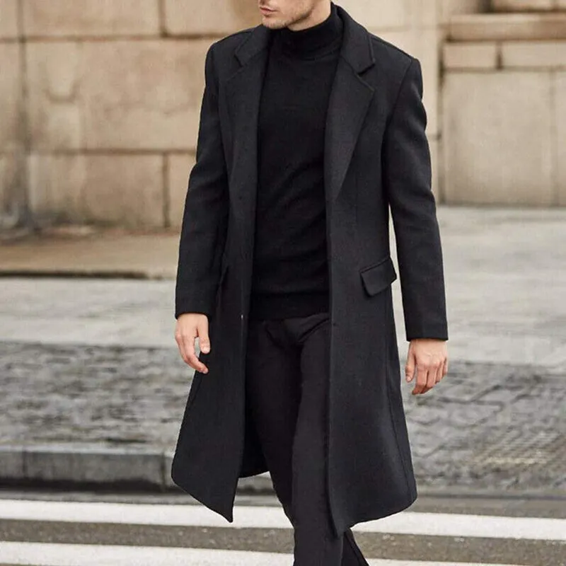 Men's Fashion Business Style Long Single-breasted Lapel Overcoat