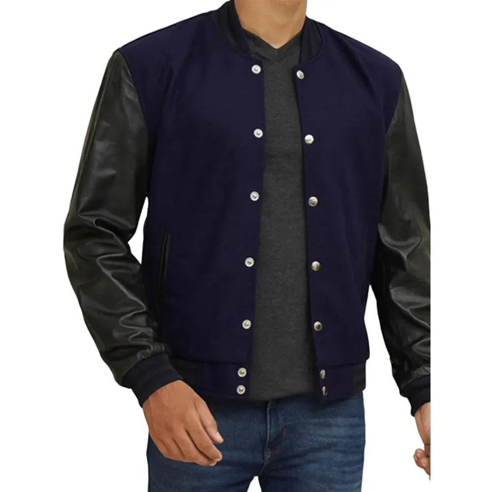 Mens Navy Blue And Black Leather Varsity Jacket