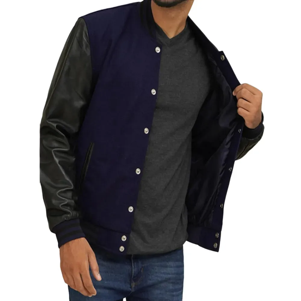 Mens Navy Blue And Black Leather Varsity Jacket