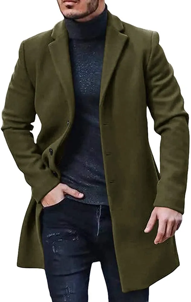 Men's Trench Coat Army Green Winter Warm Cotton Long Jacket Overcoat