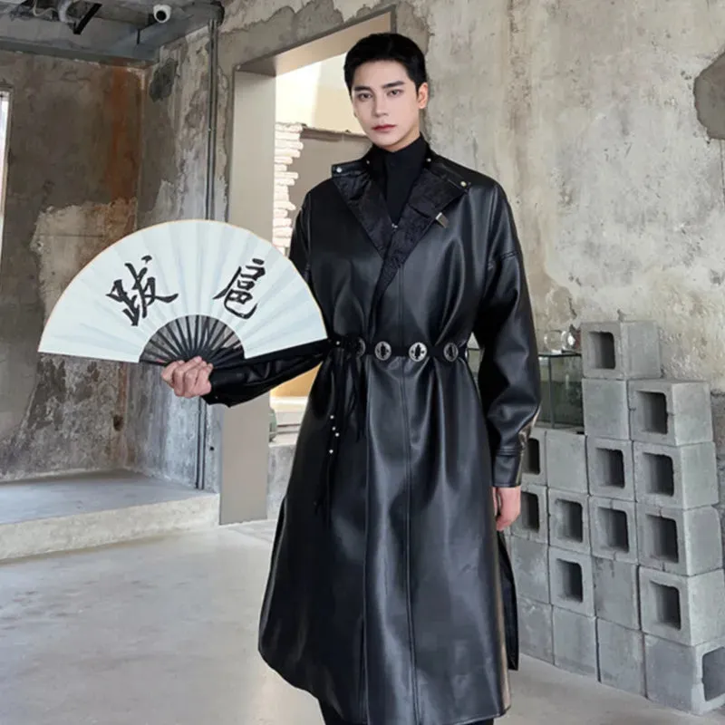 Men's Trench Coat Round Neck PU Leather Windbreaker Fashion Korean Style Over Knee Long Overcoat Trend Loose Autumn 9C2816