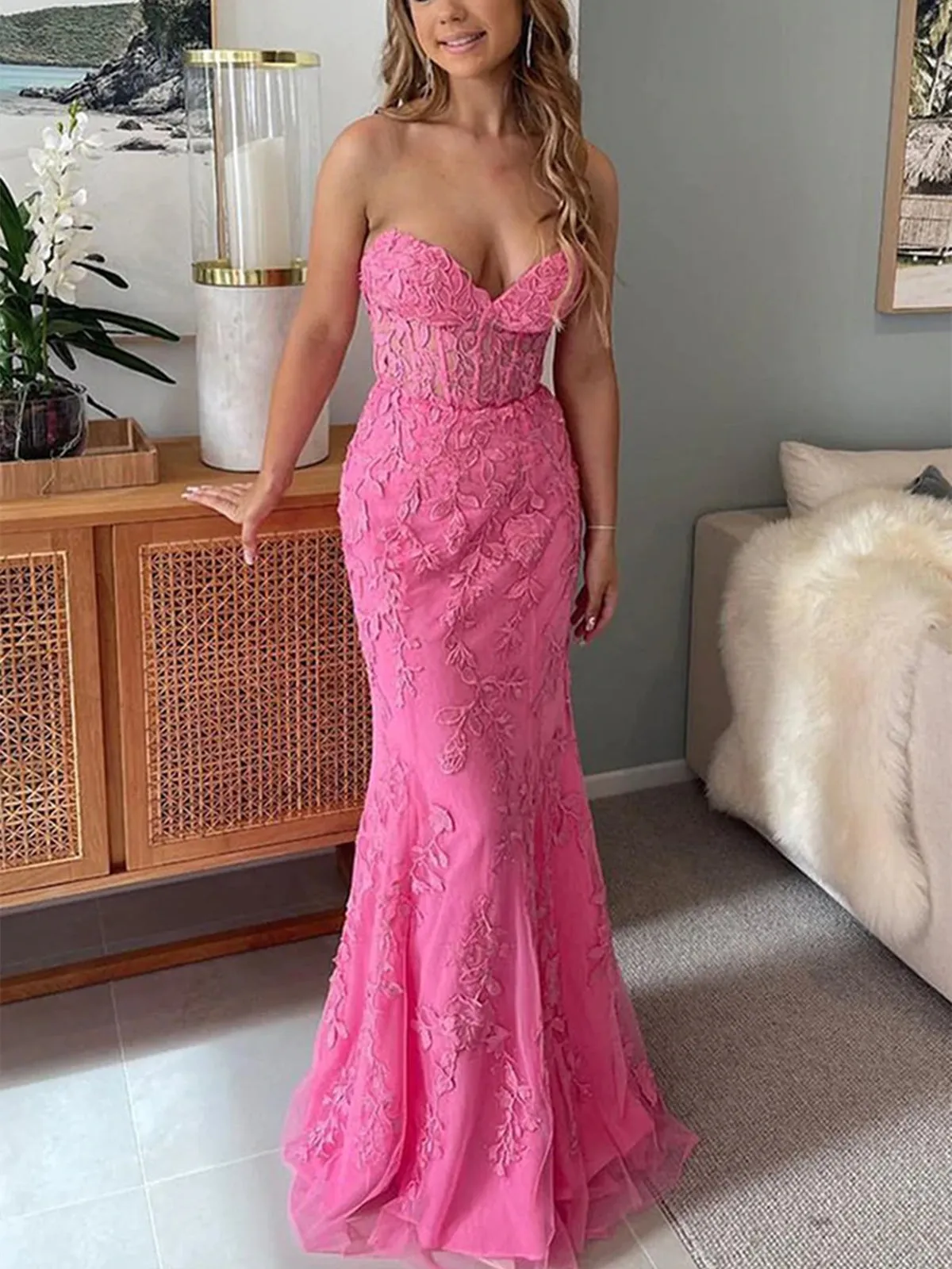 Mermaid Open Back Pink Lace Long Prom Dresses, Sweetheart Neck Pink Formal Dresses, Pink Lace Evening Dresses