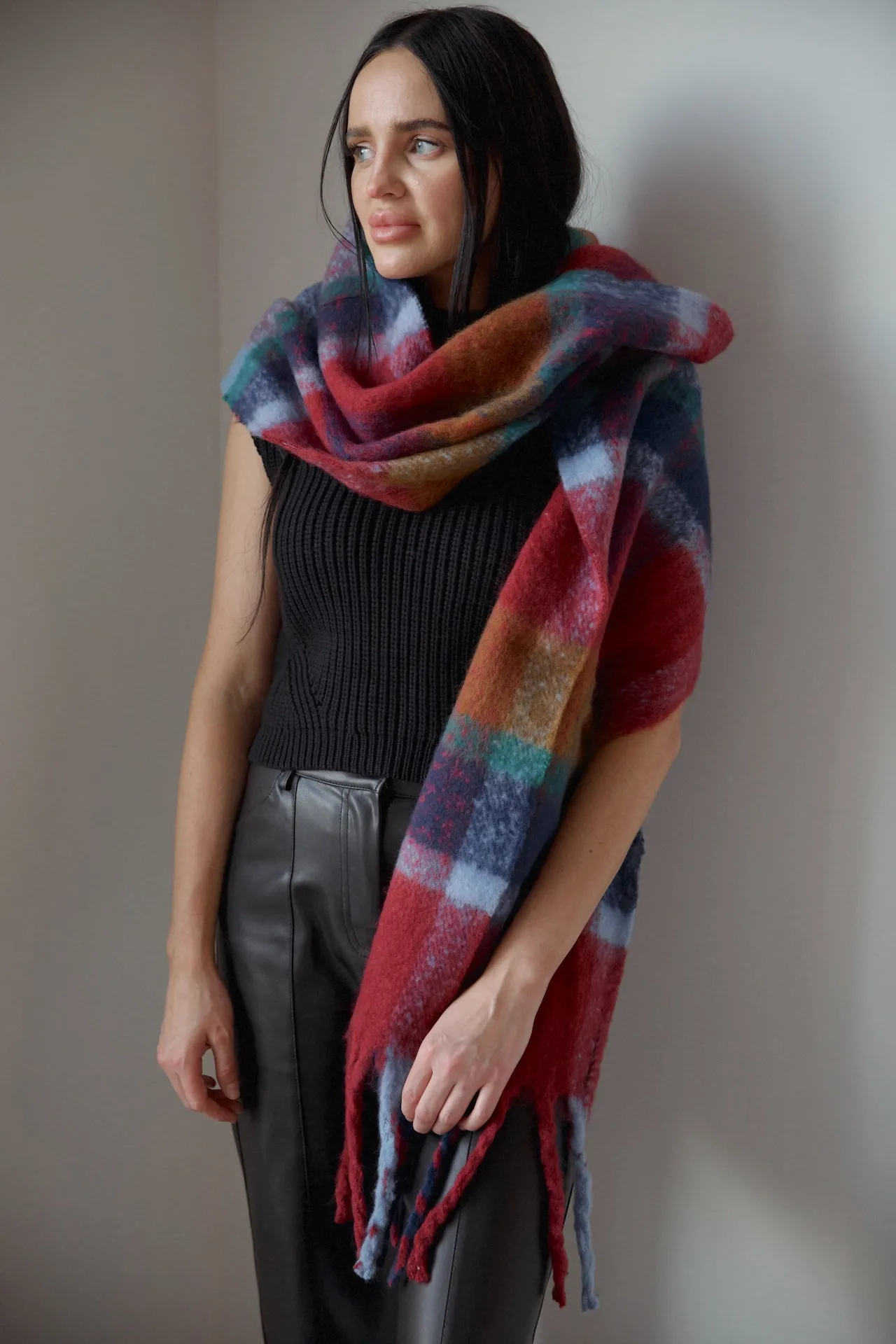 Multicolor Plaid Scarf - Burgundy