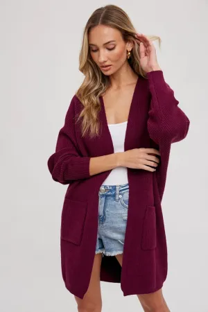 Open Front Batwing Sleeve Cardigan Plum