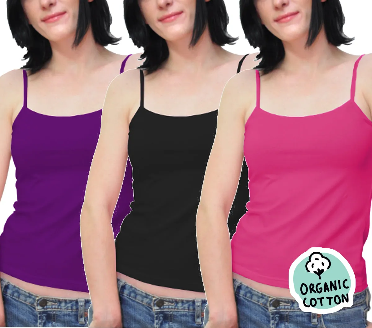 ORGANIC COTTON BASIC CAMISOLE - BASIC TOP PACK OF 3 (BLACK/FUCHSIA/PURPLE)