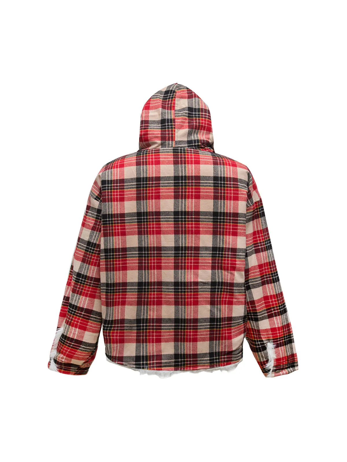 Plaid Sherpa Lined  Fur Hooded Jacket